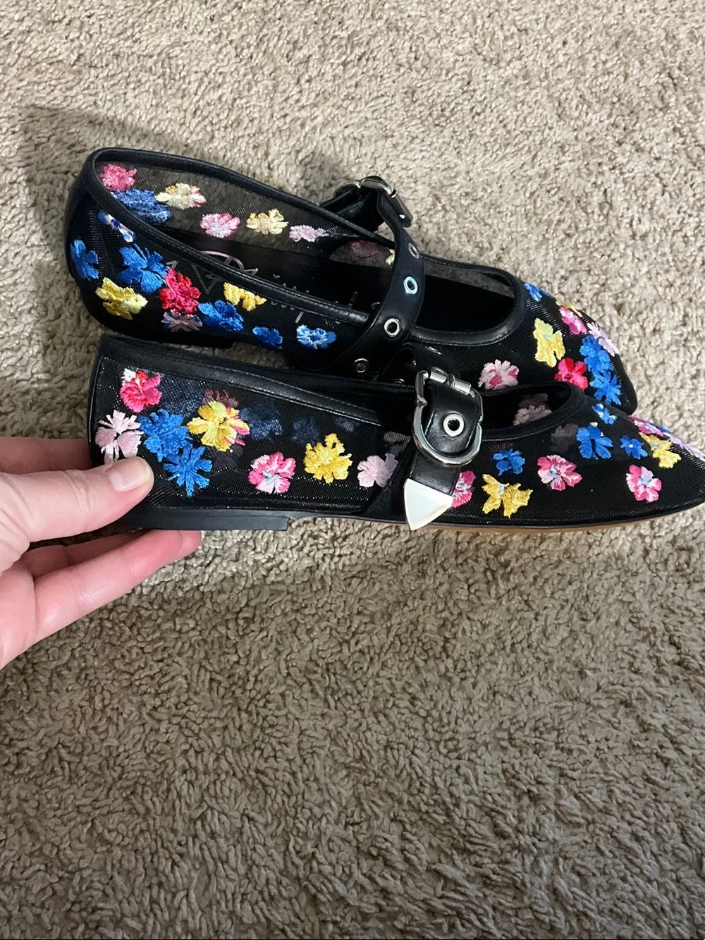 3.1 Phillip Lim Black Floral Embroidered Mesh Mary Jane Flats